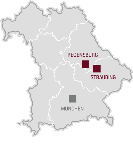 Karte von Bayern mit den Standorten der Schimmel & Winter Immobilien-Gruppe in Grünwald bei München, Regensburg und Straubing